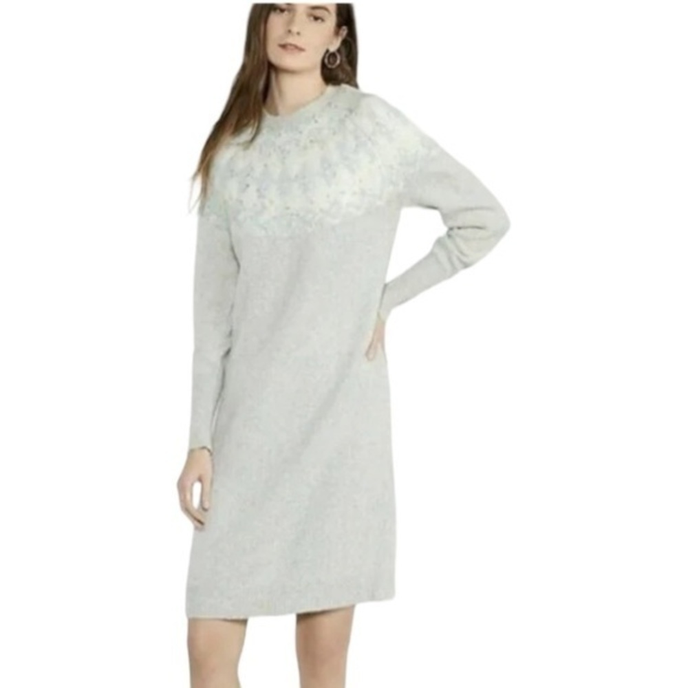 Ann Taylor Fair Isle Sweater Dress Gray Long Sleeve Crew Neck Knit Dress Size XS